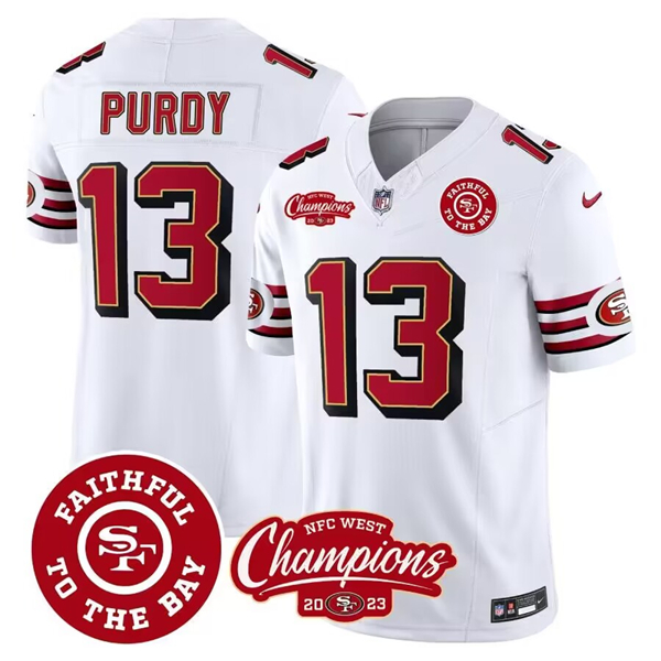 Men's San Francisco 49ers #13 Brock Purdy White 2023 F.U.S.E. Faithful To The Bay And NFC West Champions Patch Stitched Football Jersey